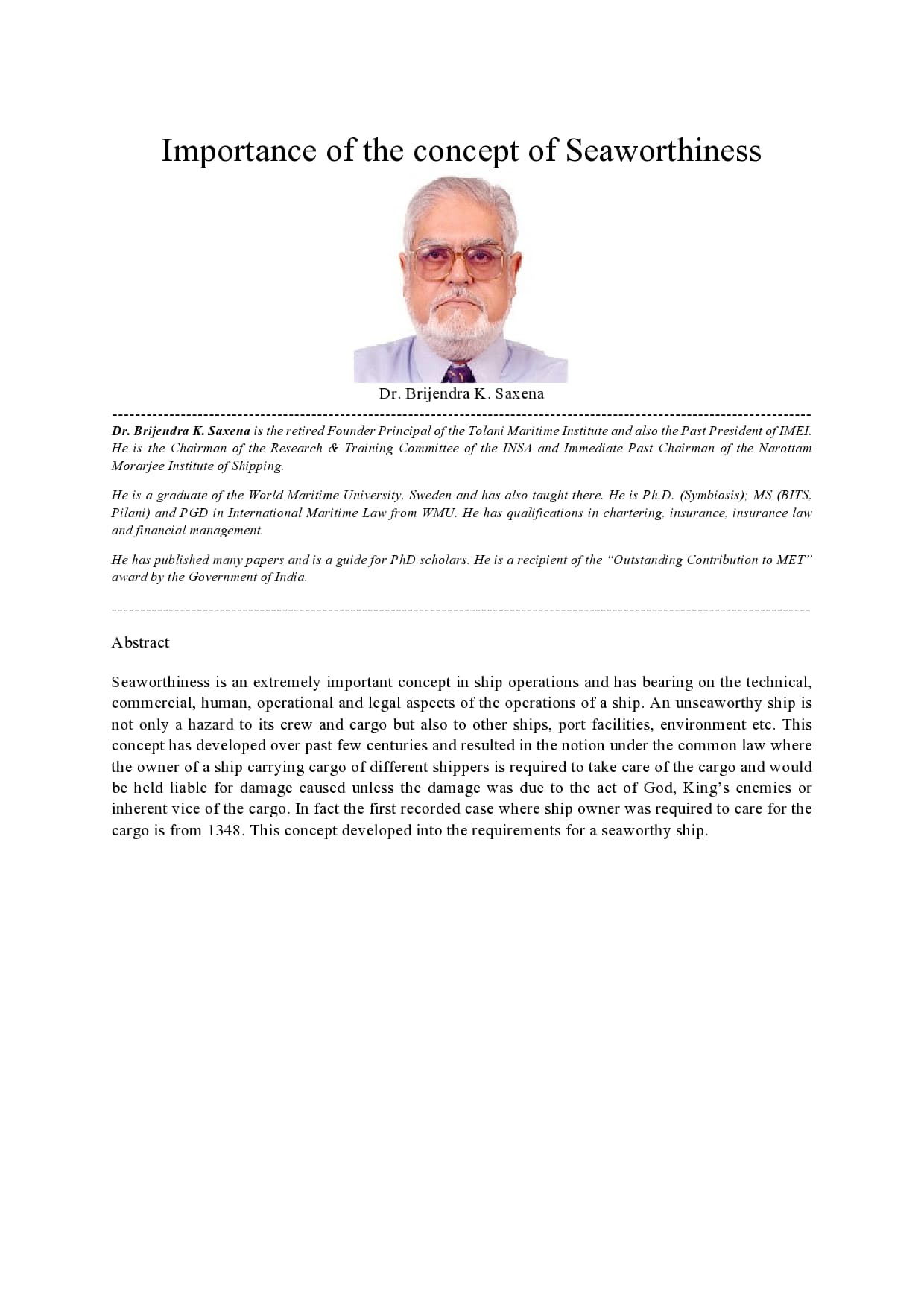 Full page image of the paper: Importance of the concept of Seaworthiness