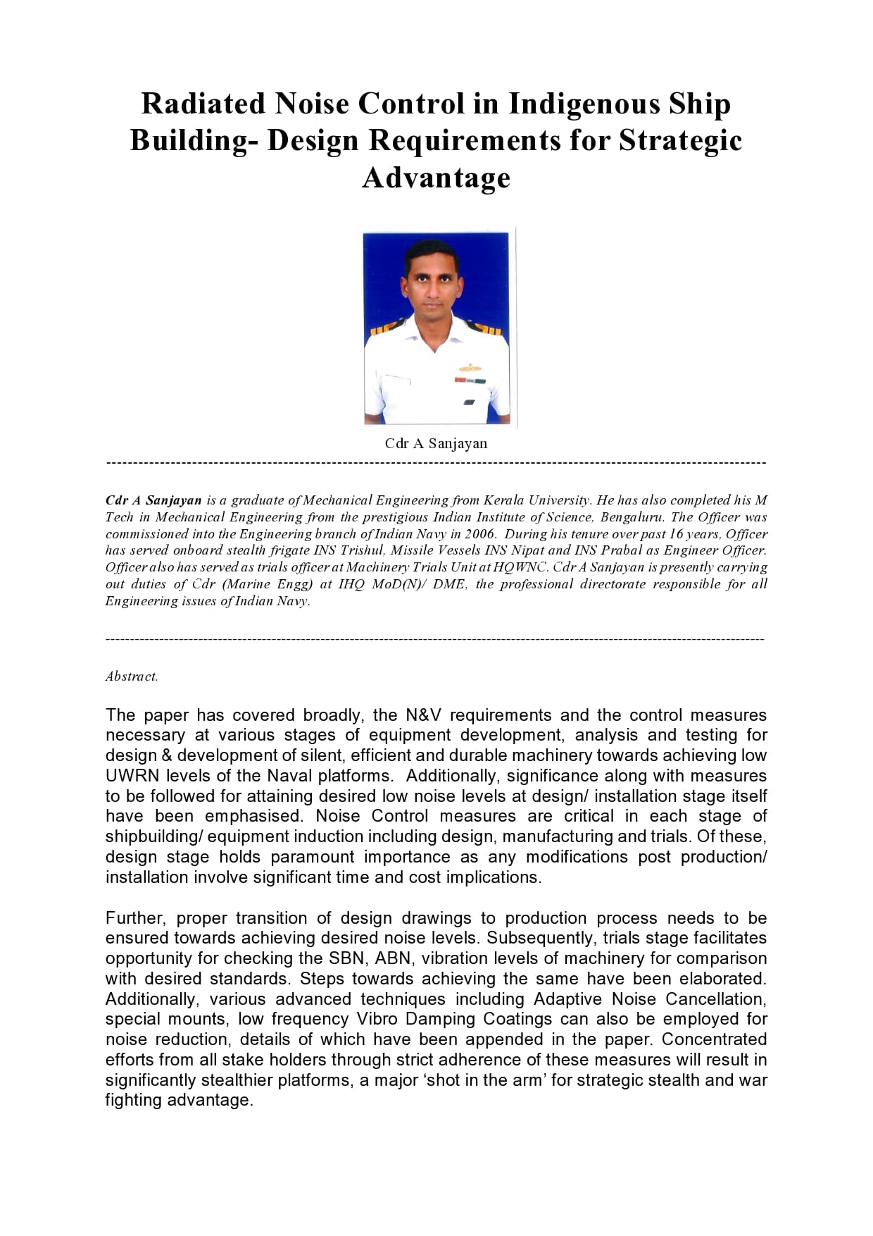 Full page image of the paper: Radiated Noise Control in Indigenous Ship Building – Design Requirements for Strategic Advantage