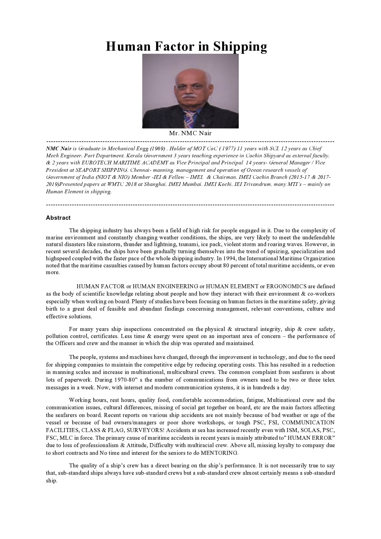 Full page image of the paper: Human Factor in Shipping