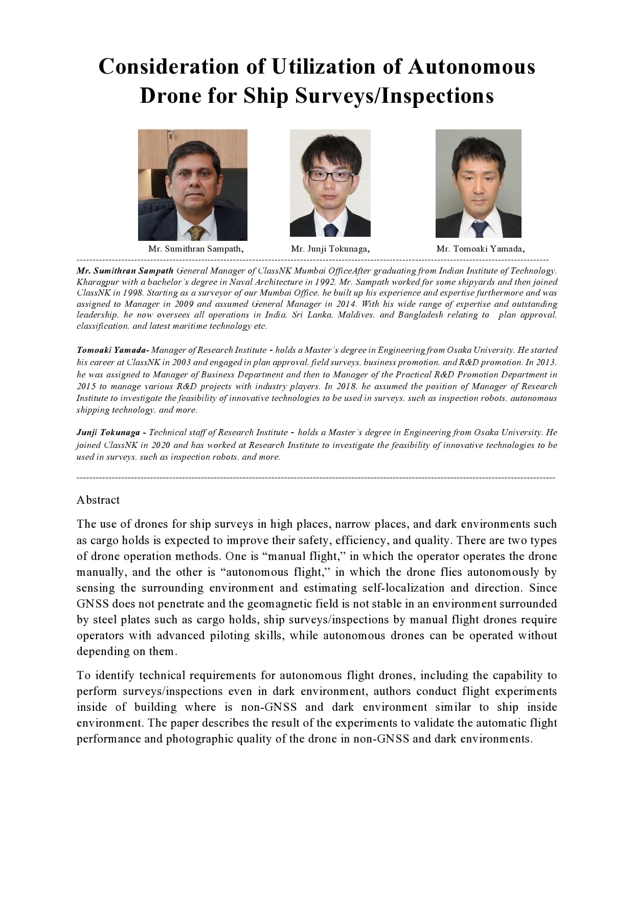 Full page image of the paper: Consideration of Utilization of Autonomous Drone for Ship Surveys/Inspections