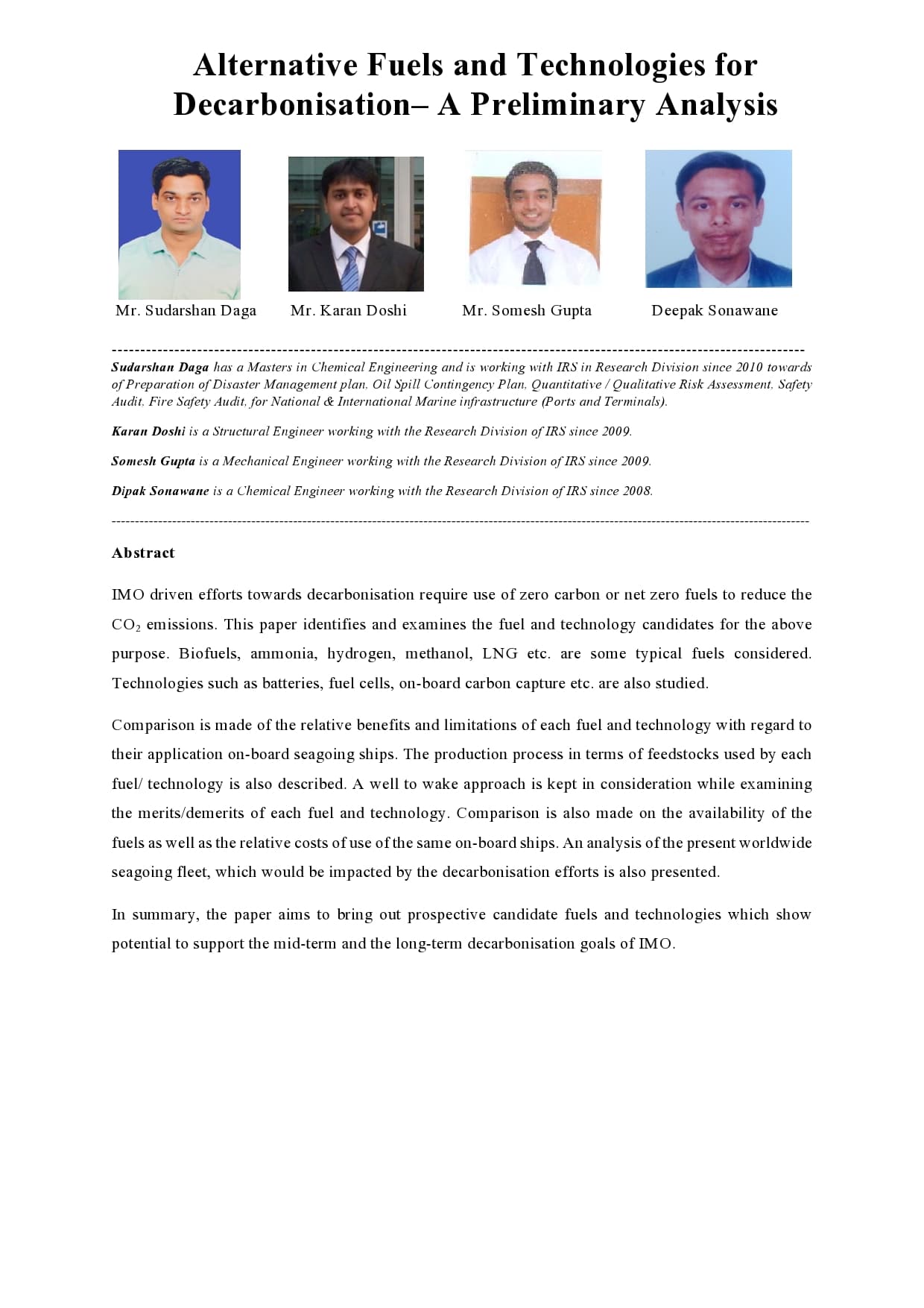 Full page image of the paper: Alternative Fuels and Technologies for Decarbonisation – A Preliminary Analysis