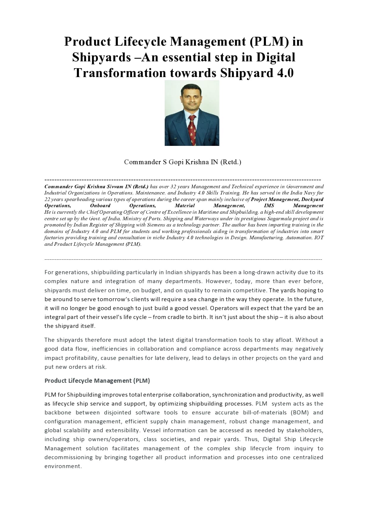 Full page image of the paper: Product Lifecycle Management (PLM) in Shipyards – An essential step in Digital Transformation towards Shipyard 4.0