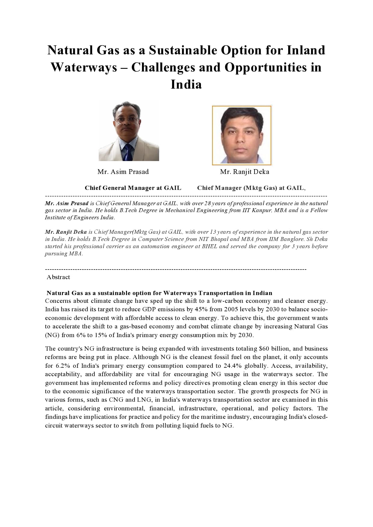 Full page image of the paper: Natural Gas as a Sustainable Option for Inland Waterways – Challenges and Opportunities in India
